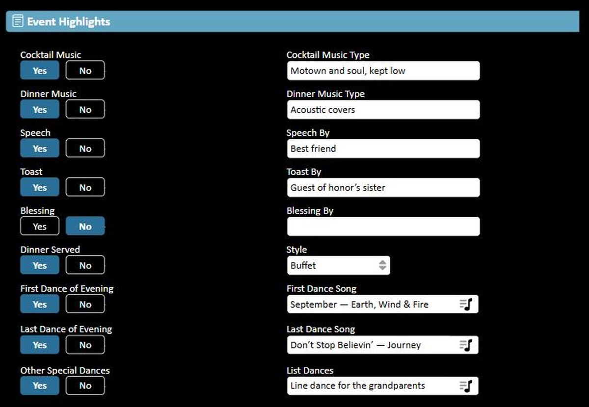 Sample of the Event Highlights section of the party planning form. Yes and No toggles for cocktail music, dinner music, speech, toast, blessing, dinner served, first dance, last dance and other special dances, each with a matching detail field alongside.